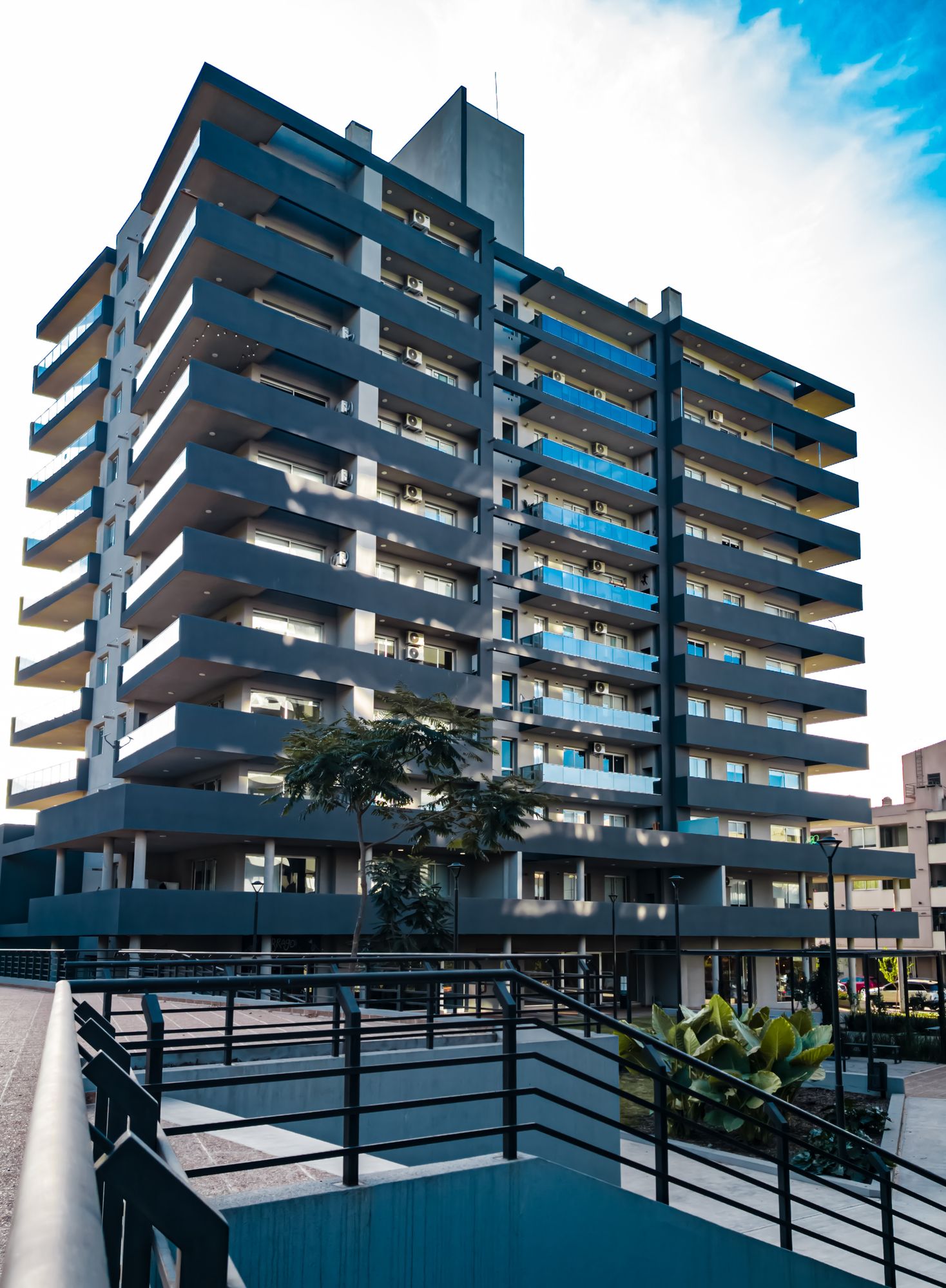 Apartment complex with geometric balconies